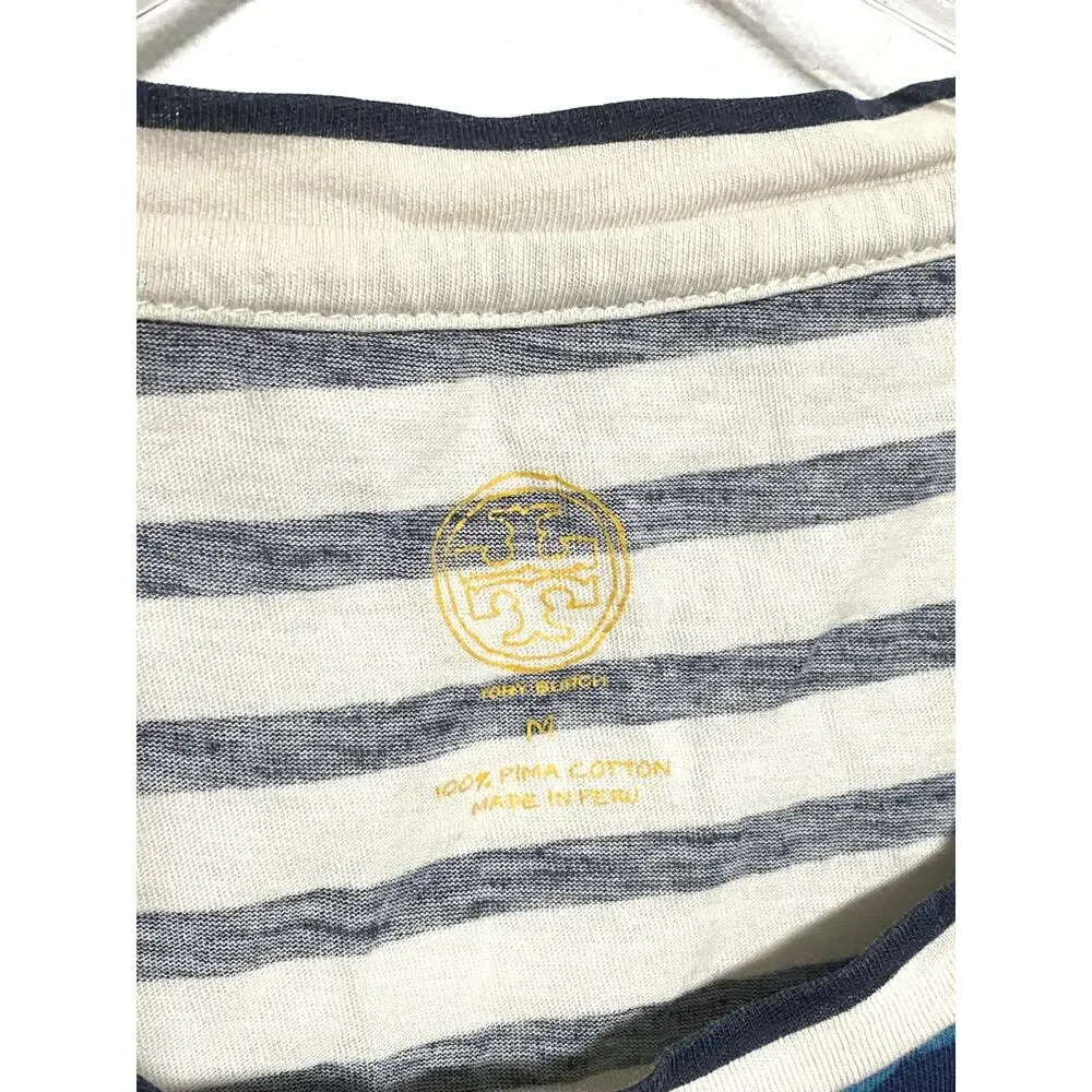 Tory Burch Floral Pima Cotton Short Sleeve Tee TShirt M Striped Coastal Nautical